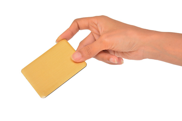 yellow card in a woman hand - Φωτογραφία, εικόνα