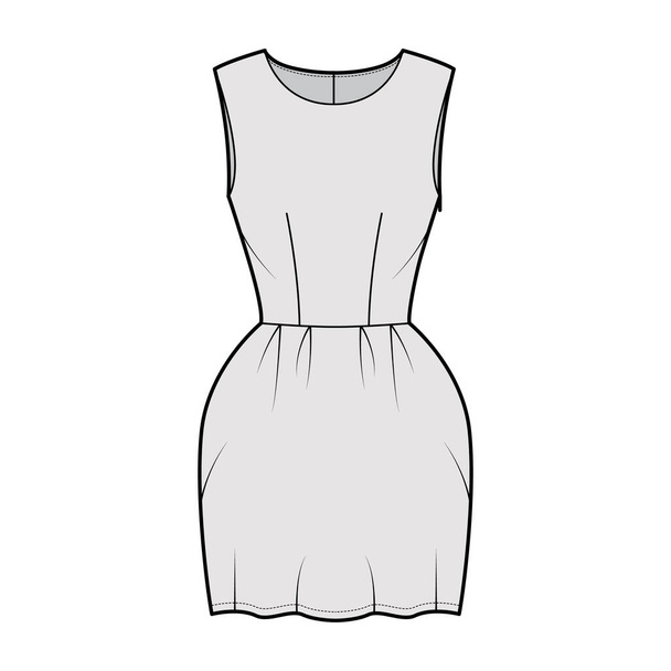 Elbise çanı teknik tasviri kolsuz, vücuduna uygun, mini uzunlukta kalem etekli. Düz giysi önü - Vektör, Görsel
