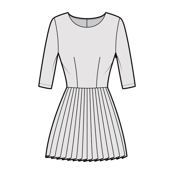 Šaty skládané technické módní ilustrace s lokty rukávy, montované tělo, mini délka sukně. Ploché oblečení vpředu - Vektor, obrázek