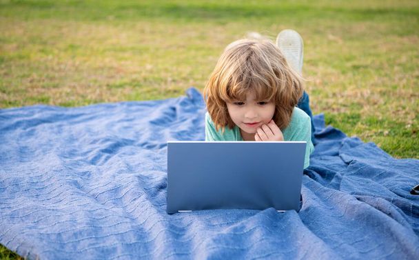 Boy kid use laptop computer learning technology relaxing on blanket natural outdoors, online courses - Photo, Image