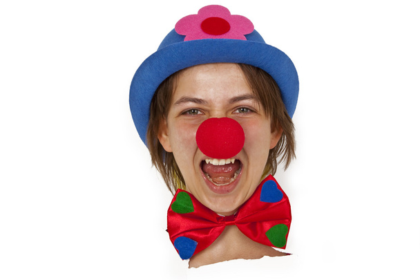 Clown avec le nez rouge regardant en papier blanc
 - Photo, image