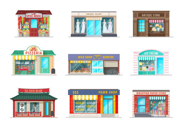 City street shops cartoon buildings. Vector spice house, bridal salon and pizzeria cafe, antique store, bike service and ice cream gelateria, sushi bar, pawn shop and wrapping paper store facade - Vector, Image