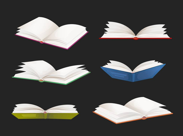 Çok satan kitaplar, okul kitapları vektör seti. Çizgi roman açık sözlükler, edebiyat romanları, peri masalları ya da renkli kapaklı ve beyaz sayfalı mısralar. Siyah arkaplanda izole nesneler - Vektör, Görsel