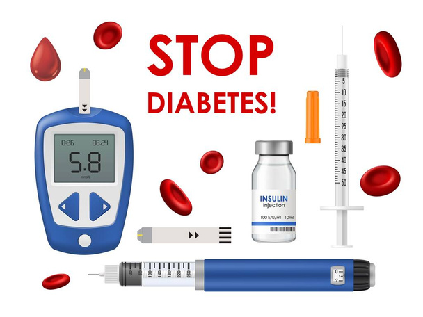 Diabetes tauti, glukometri, insuliini ja ruisku, jossa on testiliuska, veren hemoglobiinisoluja tai pudota. Lopeta diabeteslääkkeiden laitteet glukoosin mittaamiseksi verestä ja sairaudenhoidosta eristetty sarja - Vektori, kuva