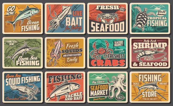 Векторные плакаты с морепродуктами, рыболовный улов, рыбный ресторан для гурманов, океаническая и морская рыболовная промышленность. Шеф-повар деликатесы, подводные животные кальмары, осьминог и краб, снасти аренда винтажных карт - Вектор,изображение