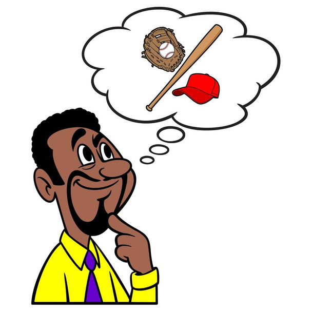 Man thinking about Baseball Equipment - A cartoon illustration of a man thinking about Baseball Equipment. - Vector, Image