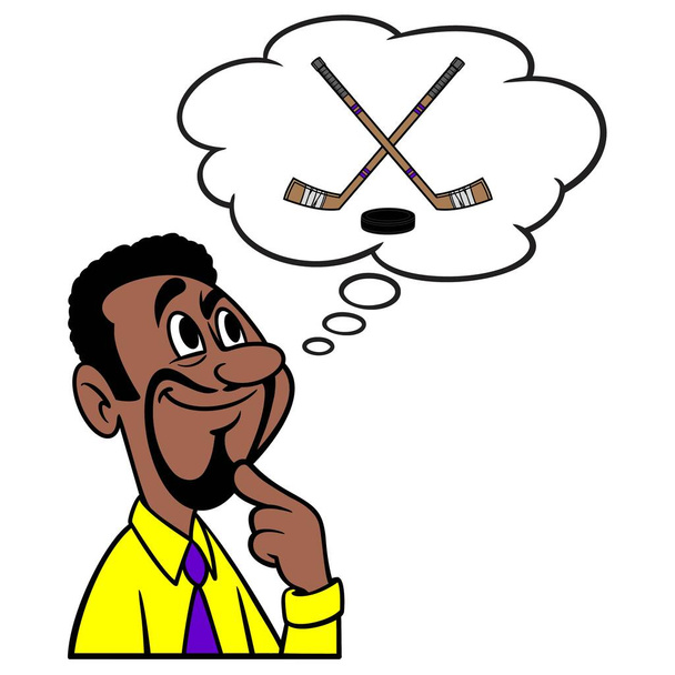 Mann denkt an Hockey - Ein Cartoon-Illustration eines Mannes, der darüber nachdenkt, ein Hockey-Spiel über das Wochenende. - Vektor, Bild