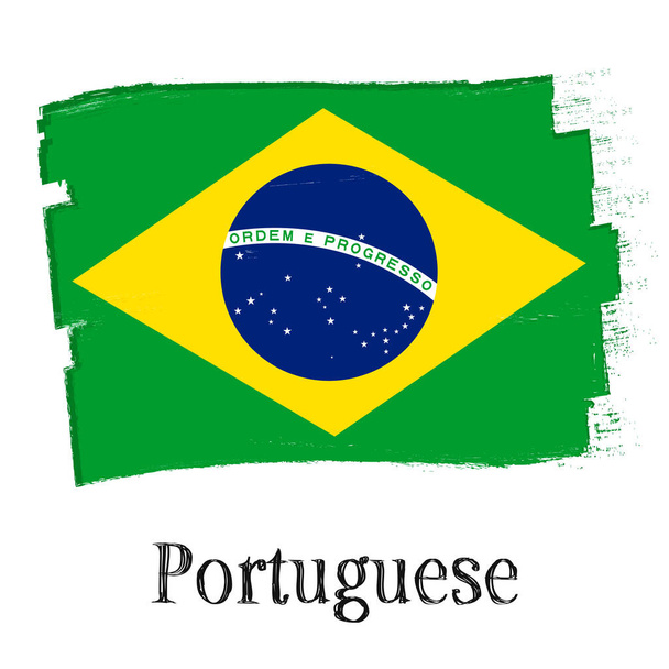 Portugalczycy robią brazylijsko-portugalskie w Brazylii. Nauka języka brazylijskiego. Flaga Brazylii, sztandar ze szczotką grunge, ilustracja wektora. - Wektor, obraz