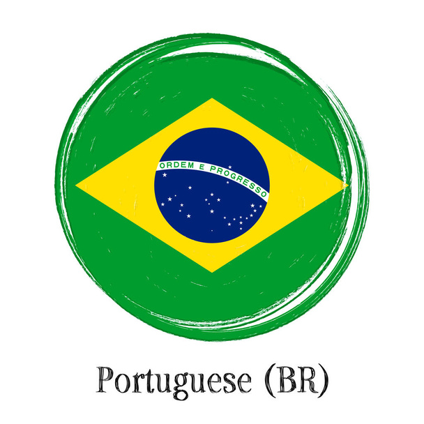 Portugalczycy robią brazylijsko-portugalskie w Brazylii. Nauka języka brazylijskiego. Flaga Brazylii, sztandar ze szczotką grunge, ilustracja wektora. - Wektor, obraz