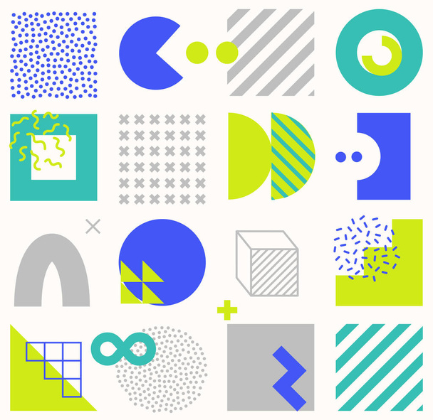 Vector seamless pattern with bright bold geometric shapes. Hipster Memphis style. Trendy graphic elements for your unique design. - Vektör, Görsel