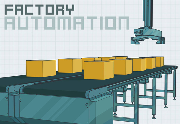 Ilustração vetorial estilizada de linha transportadora automatizada com manipulador robótico - Vetor, Imagem
