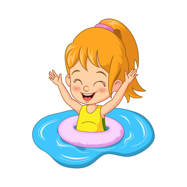 Vector illustration of Cartoon little girl floating with inflatable ring - Vector, Image