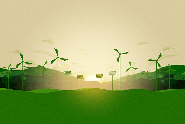 Silhouette verte éolienne sur fond de paysage naturel.Écologie et environnement Concept.Illustration vectorielle plate. - Vecteur, image