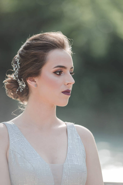 A portrait of a brunette woman with light makeup wearing a luxurious gray dress in a park - Photo, image