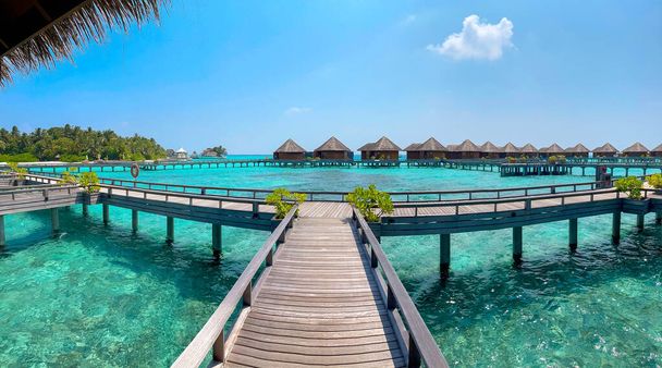 Malediven paradijs schilderachtig landschap. Zeegezicht met waterbungalows, prachtige turquoise zee en lagunewateren, tropische natuur. Exotische tropische eiland strand achtergrond. - Foto, afbeelding