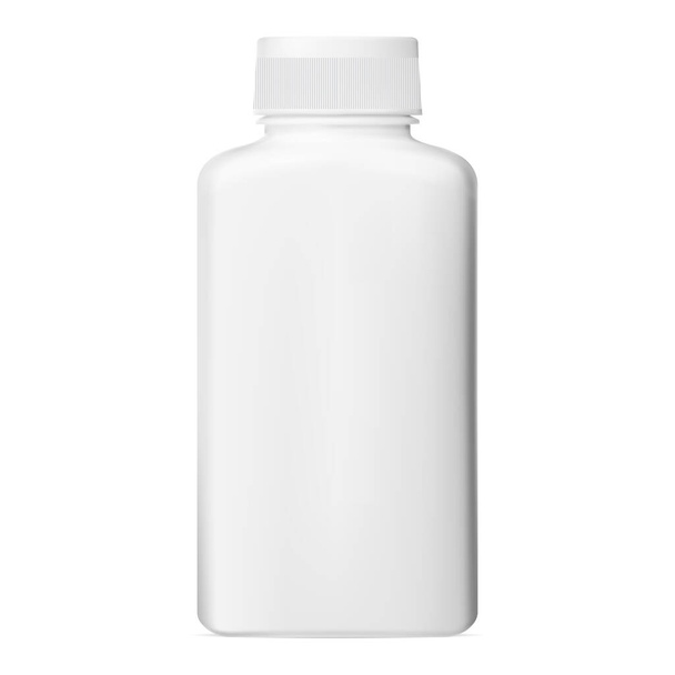 White pill bottle. Plastic vitamin jar, vector capsule packaging. Medical tablet bottle template closeup. Aspirin jar illustration - Вектор, зображення