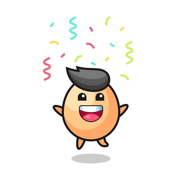 счастливый яйцо талисман прыжки для поздравления с цветом конфетти, милый дизайн стиля для футболки, наклейка, элемент логотипа - Вектор,изображение