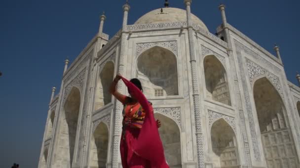 Jong meisje toerist in de voorkant van Taj Mahal in Agra, India. begrip cultuur, toerisme. - Video