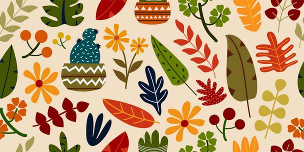 Colorful earth tone modern hand drawn organic illustration abstract flower and plant collection on horizontal seamless pattern - Διάνυσμα, εικόνα