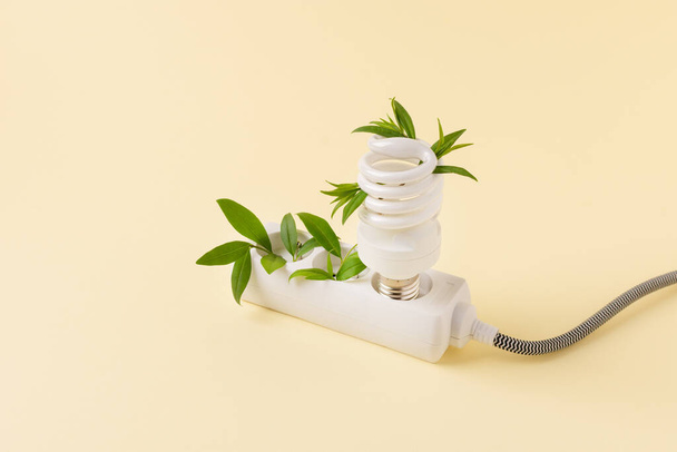 White plug and light bulb with green plant as a concept of eco energy. Creative idea of eco alternative energy. - Zdjęcie, obraz