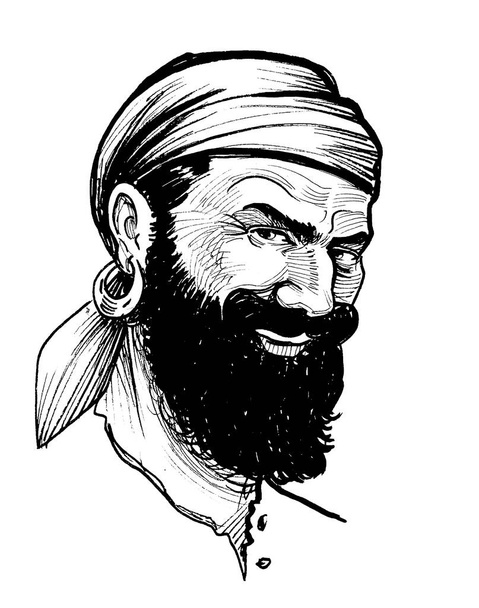 Lachende bebaarde piraat in bandana. Inkt zwart-wit tekening - Foto, afbeelding