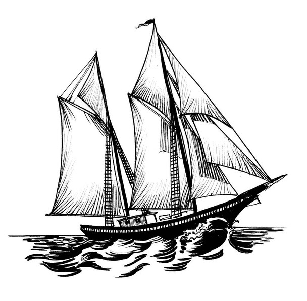 Sailing yacht in the sea. Ink black and white drawing - Photo, Image