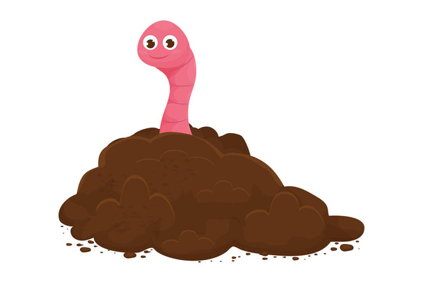 Смешной земляной червь в земле, почва в стиле мультфильма изолирована на белом фоне. Комический, веселый персонаж. Садоводческая концепция. Векторная иллюстрация - Вектор,изображение