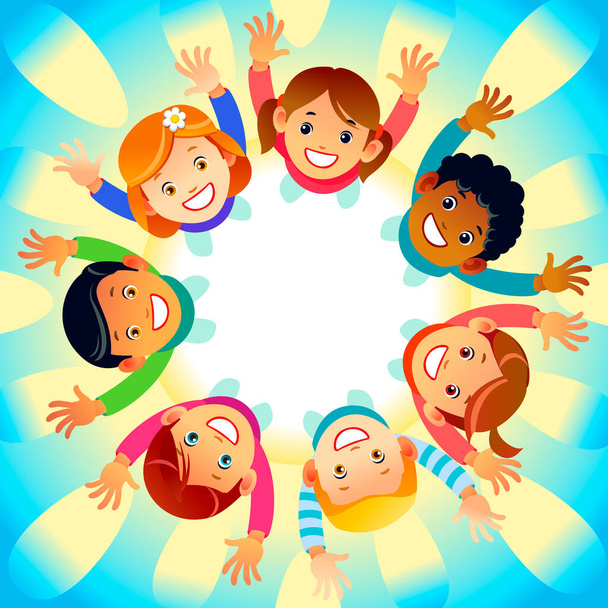 Πολυπολιτισμικά παιδιά σε κύκλο με χαρούμενα πρόσωπα, σηκώνουν τα χέρια ψηλά. Ο ήλιος λάμπει. Εικονογράφηση ευχετήριας κάρτας με την Ημέρα Φιλίας. Εικονογράφηση φορέα κινουμένων σχεδίων - Διάνυσμα, εικόνα