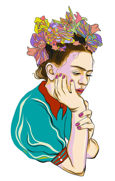 Pensive Frida Kahlo with wreath from flowers. Magdalena Carmen Frida Kahlo, was a Mexican artist who painted many portraits, self-portraits, and works inspired by the nature and artifacts of Mexico. - Vektor, kép