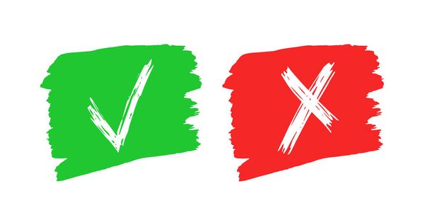 Elementos de jaque y cruz dibujados a mano aislados sobre fondo blanco. Grunge garabato marca de verificación verde OK y X roja en los iconos de manchas. Ilustración vectorial - Vector, Imagen