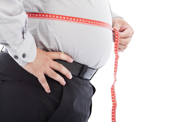gordo homem de negócios usar escala para medir sua cintura
 - Foto, Imagem