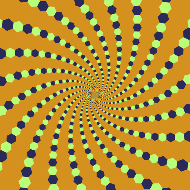 Fondo de vector de ilusión óptica Trippy. Patrón de hexágonos espiral naranja azul verde. - Vector, Imagen