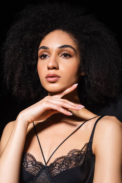 Pretty african american woman in lingerie isolated on black  - Fotografie, Obrázek