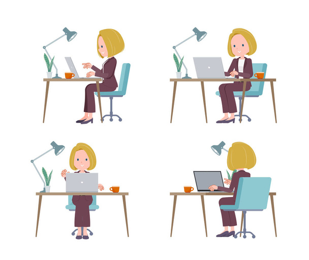 A set of blond hair business women working at a desk at a computer.It's vector art so easy to edit. - Вектор, зображення