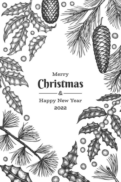 Christmas hand drawn vector greeting card design template. Vintage style botanical illustration. Winter plants xmas banner. - Vektor, Bild