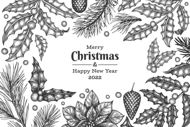 Christmas hand drawn vector greeting card design template. Vintage style botanical illustration. Winter plants xmas banner. - Vektör, Görsel