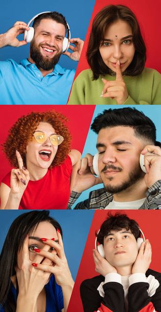 Portraits of different models on multicolored background. Flyer, collage made of models. Concept of human emotions, facial expression, sales, ad. Colorful. - Foto, Imagen