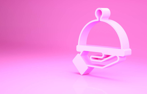 Rosa Coberto com uma bandeja de ícone de comida isolada em fundo rosa. Bandeja e tampa. Cloche restaurante com tampa. Conceito de minimalismo. 3D ilustração 3D render - Foto, Imagem