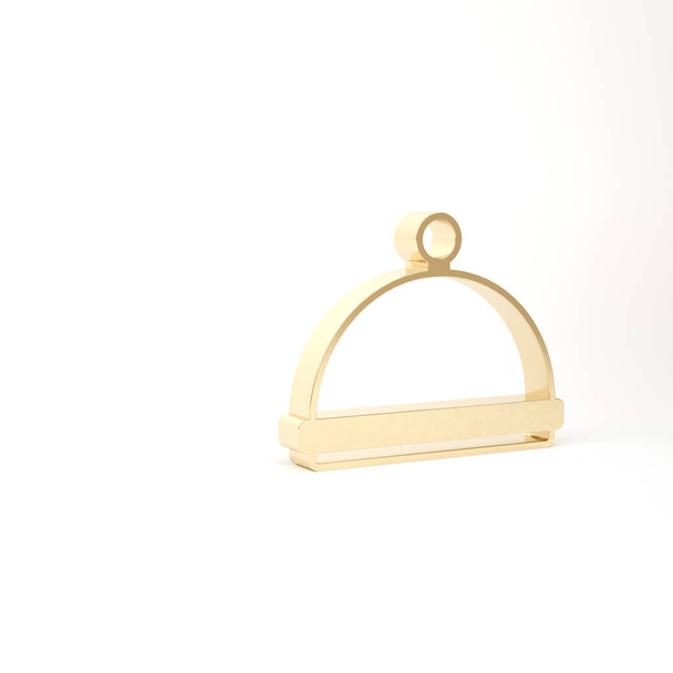 Ouro Coberto com uma bandeja de ícone de comida isolada no fundo branco. Bandeja e tampa. Cloche restaurante com tampa. Símbolo de utensílios. 3D ilustração 3D render - Foto, Imagem
