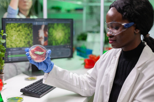 Mujer química africana analizando carne de res vegana para experimento bioquímico - Foto, Imagen