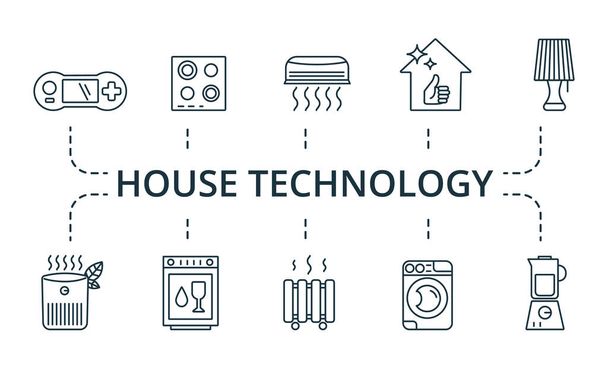 House Technology icoon set. Bevat bewerkbare pictogrammen thema zoals airconditioning, stofzuiger, elektrische kookplaat en meer. - Vector, afbeelding