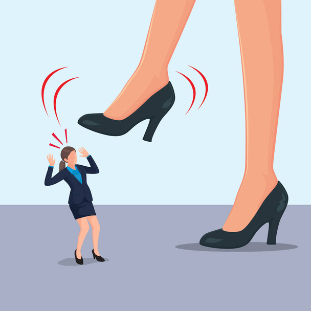 gigantische voet zakenvrouw stappen op kleine zakenvrouw, illustratie vector cartoon - Vector, afbeelding