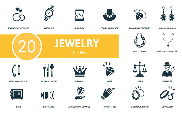 Set di icone di gioielli. Contiene icone modificabili tema gioielli come orologi, collana di perle, orecchini a goccia e altro ancora. - Vettoriali, immagini