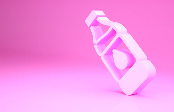 Розовая бутылка иконки воды изолированы на розовом фоне. Знак напитка с содовой. Концепция минимализма. 3D-рендеринг - Фото, изображение