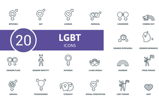 lgbtのアイコンセット。ゲイ、バイセクシャル、出てくるなどの編集可能なアイコンlbtテーマが含まれています. - ベクター画像