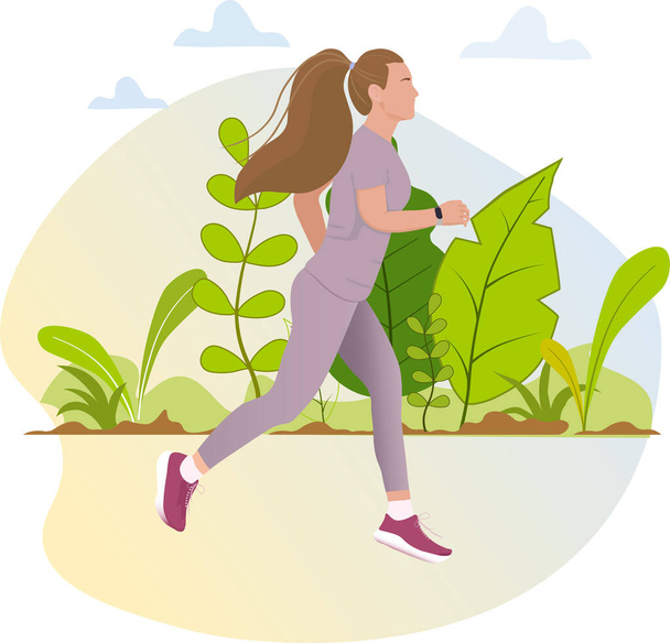 フラットカラフルなスタイルのキャラクターベクトルイラスト。グローバル・ランニング・デー。女性キャラクターが公園でジョギングしています。彼女は紫のスポーツウェアで走っている。アクティブな健康的なライフスタイルベクトルイラスト,現代的なフラットスタイルのデザイン孤立ランニング女の子. - ベクター画像