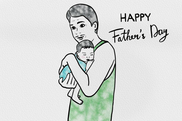 Illustrationskarte zum Vatertag, digitaler Aquarellstil. Handzeichnung modernes Aquarell. Ein Mann und sein Baby. - Foto, Bild