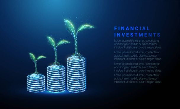 Abstract growing green plants on coins stacks - Vector, Image