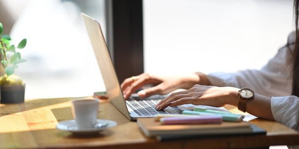 Zugeschnittenes Bild kreativer Frauenhände, die auf einem Computer-Laptop tippen, der auf einem hölzernen Arbeitstisch steht und von einem Stapel Bücher, Bleistifthalter, Kaffeetasse und Topfpflanze umgeben ist. Geordneter Arbeitsplatz. - Foto, Bild