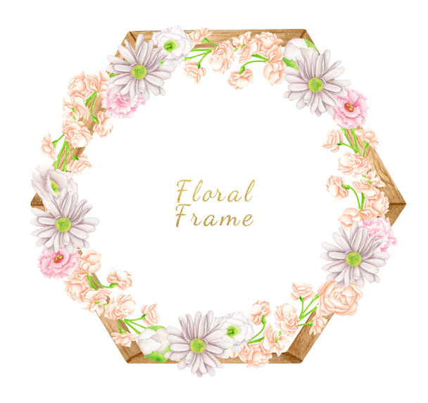 Watercolor floral wreath with wood border. Hand drawn geometric frame with blush flowers isolated on white. Wooden hexagon, botanical arrangement with pastel flower buds for wedding invitations. - Photo, Image